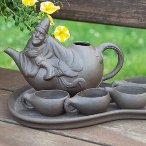 Yixing Smiling Man Tea Set | Purple Clay Teapot | Yixing Teapot with Tray and Cu